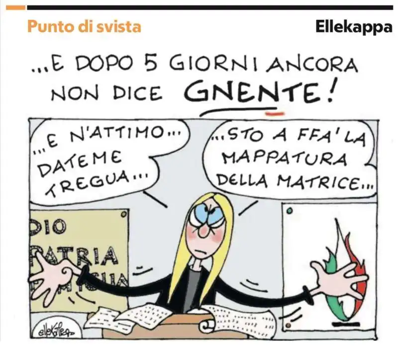  IL SILENZIO DI GIORGIA MELONI SU ACCA LARENTIA - VIGNETTA BY ELLEKAPPA.  