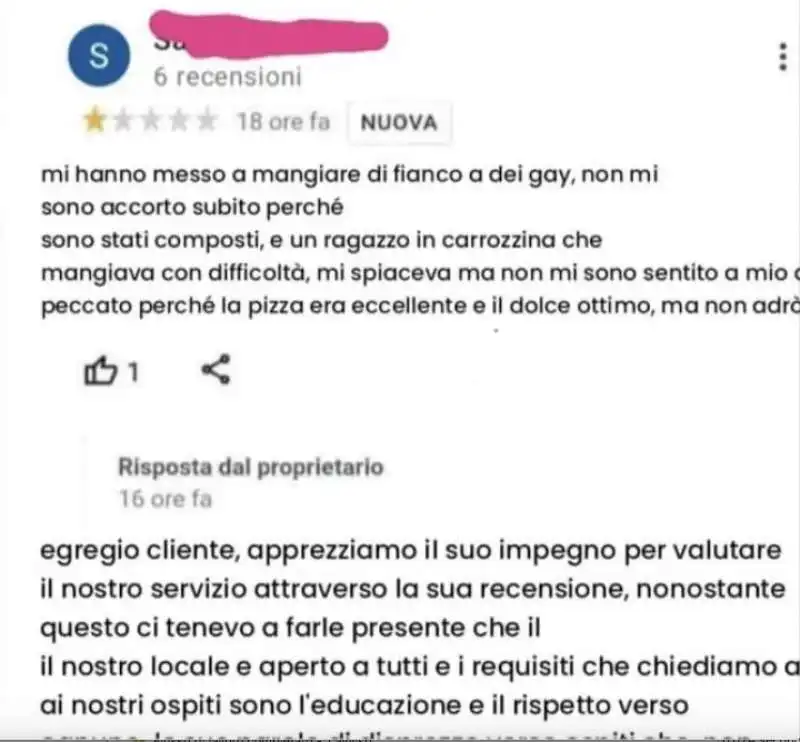 la recensione negativa alla pizzeria le vignole per il posto vicino a gay e disabili