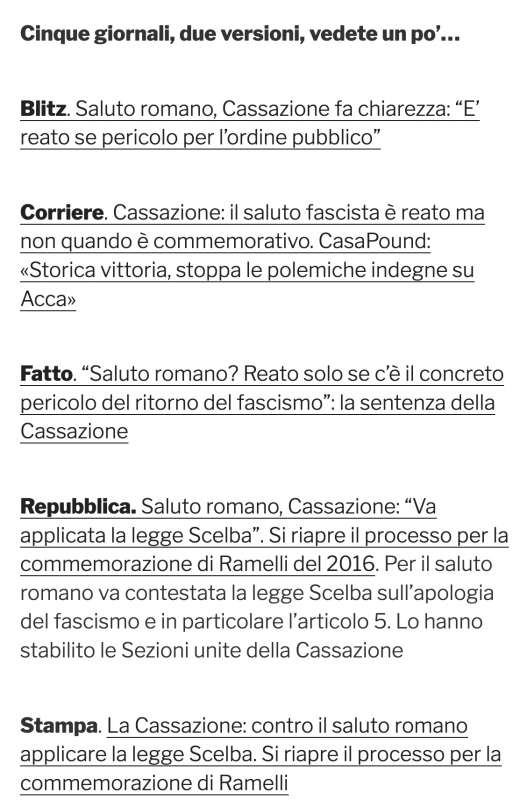 LA SENTENZA DELLA CASSAZIONE SUL SALUTO ROMANO - LE CINQUE VERSIONI SUI SITI DI INFORMAZIONE - DA CRONACA OGGI