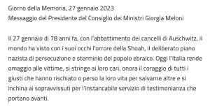 MESSAGGIO DI GIORGIA MELONI PER IL GIORNO DELLA MEMORIA 2023