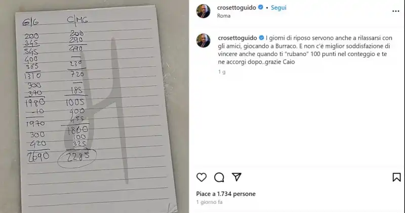 post di Guido Crosetto sul furto subito a Burraco