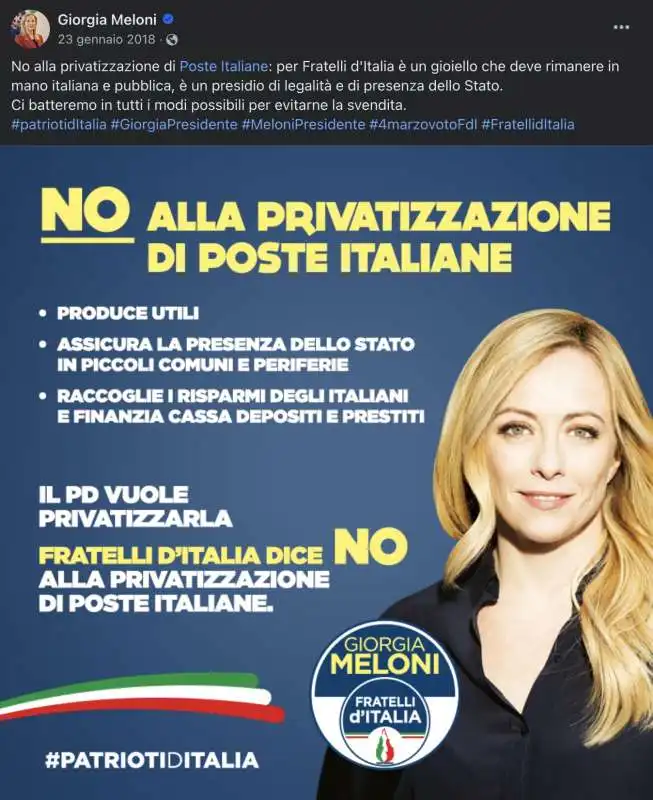 QUANDO GIORGIA MELONI NEL 2018 SI OPPONEVA ALLA PRIVATIZZAZIONE DI POSTE ITALIANE 