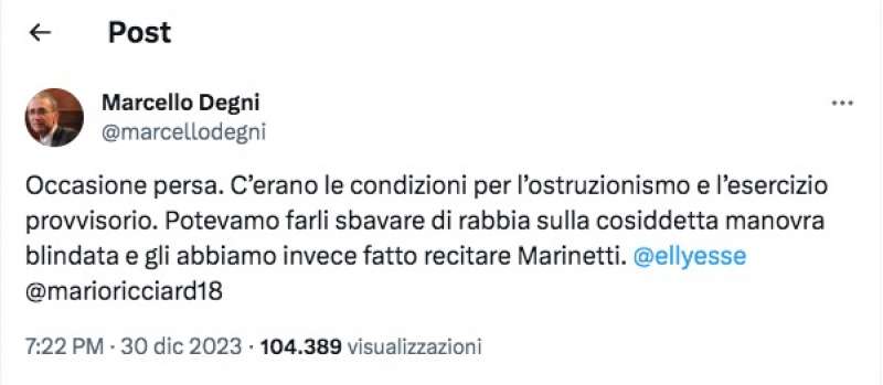 TWEET DI MARCELLO DEGNI CONTRO IL GOVERNO MELONI