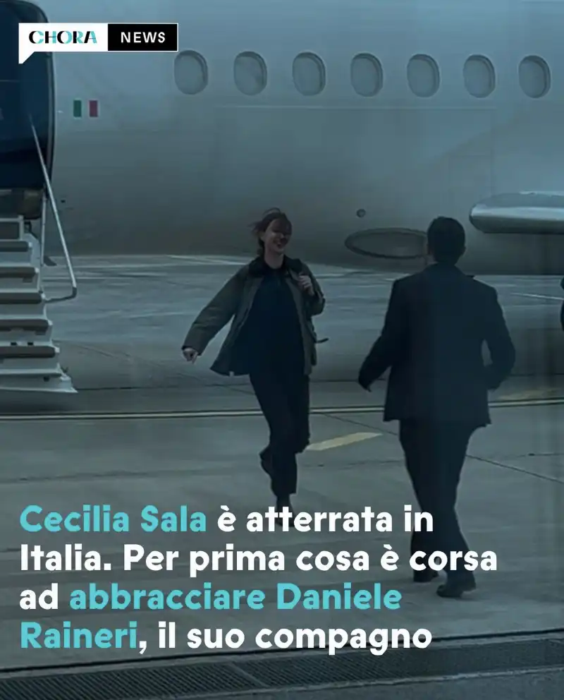 CECILIA SALA ABBRACCIA DANIELE RAINERI APPENA ATTERRATA A CIAMPINO