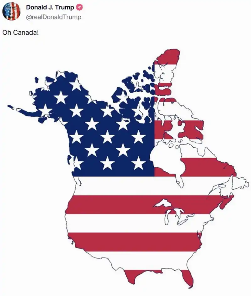 DONALD TRUMP POSTA LA MAPPA DEL CANADA COME PARTE DEGLI STATI UNITI 