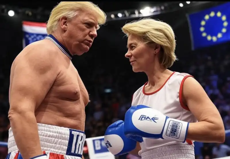 DONALD TRUMP VS URSULA VON DER LEYEN - IMMAGINE CREATA CON L INTELLIGENZA ARTIFICIALE DI GROK 