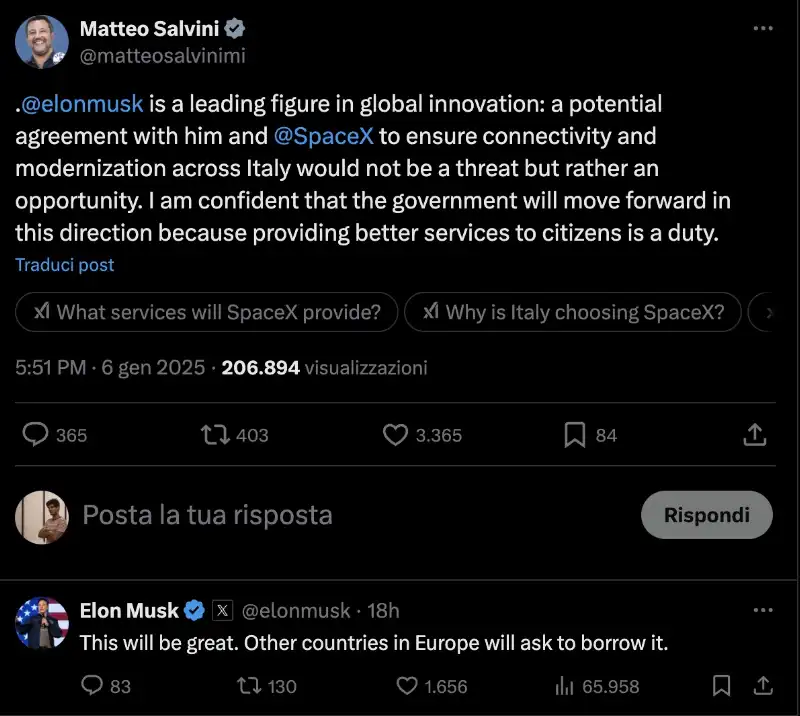 ELON MUSK RISPONDE A MATTEO SALVINI