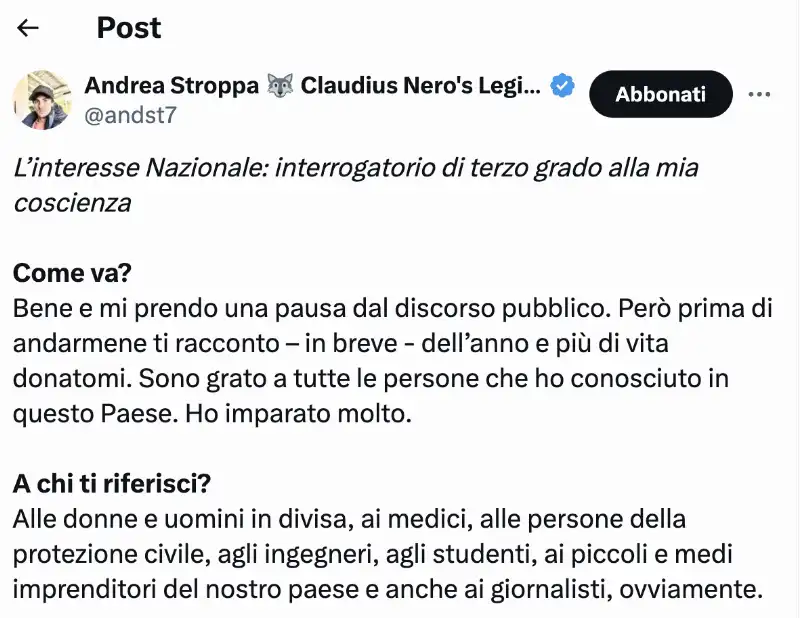 IL POST DI ANDREA STROPPA SU X IN CUI ANNUNCIA DI PRENDERE UNA PAUSA dal discorso pubblico