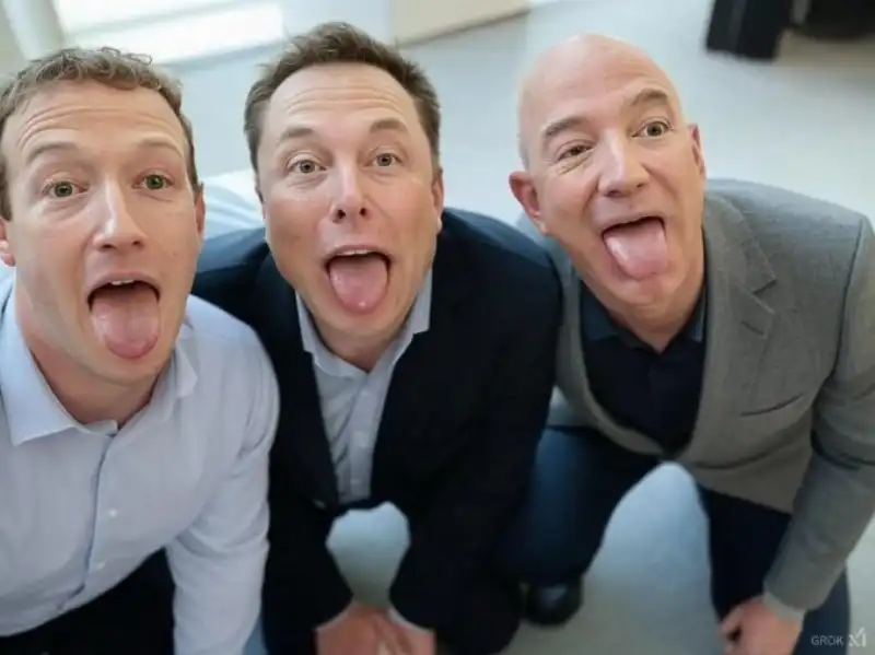 MARK ZUCKERBERG - ELON MUSK - JEFF BEZOS - IMMAGINE CREATA DA GROK