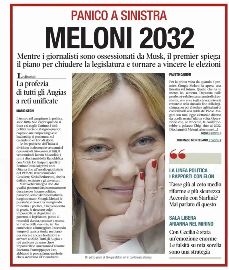 MELONI 2032 - PRIMA PAGINA LIBERO - 10 GENNAIO 2025