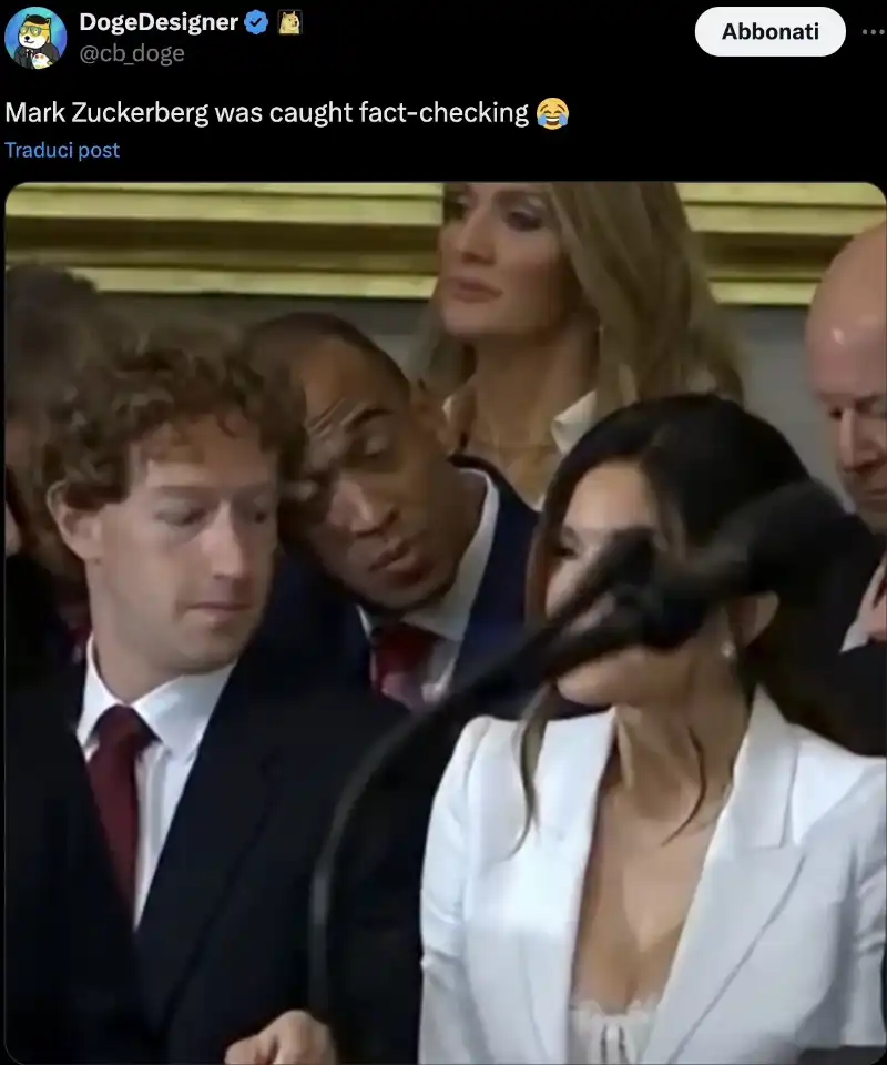 MEME SU MARK ZUCKERBERG CHE SPIZZA LE TETTE DI LAUREN SANCHEZ ALL INAUGURATION DAY DI TRUMP