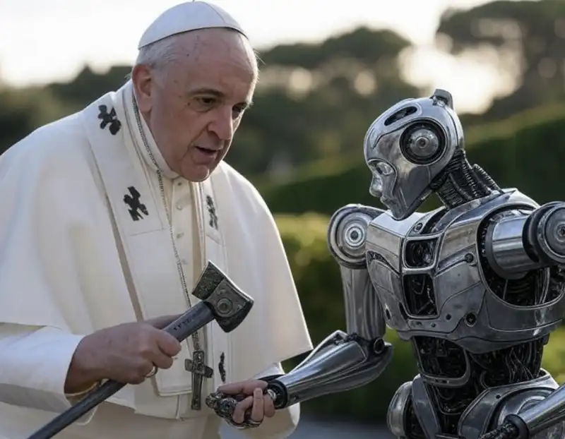 papa francesco con un martello distrugge un robot   immagine creata con l intelligenza artificiale di grok 