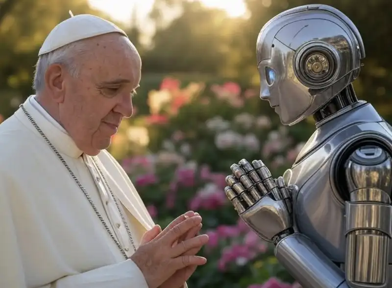 papa francesco prega con un robot   immagine creata con l intelligenza artificiale 