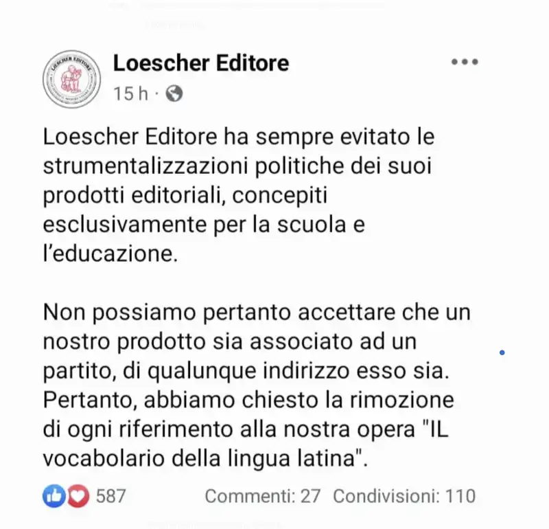 post di loescher editore contro fratelli d italia