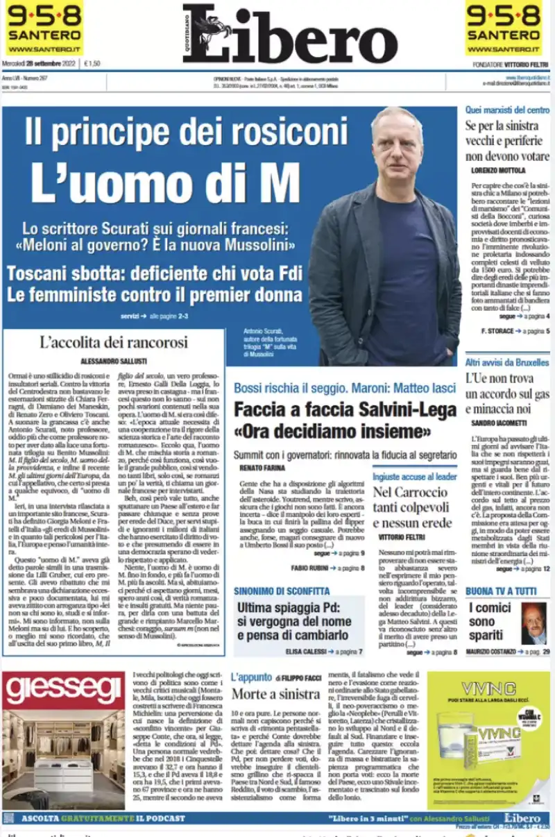 PRIMA PAGINA DI LIBERO CONTRO ANTONIO SCURATI - 28 SETTEMBRE 2022