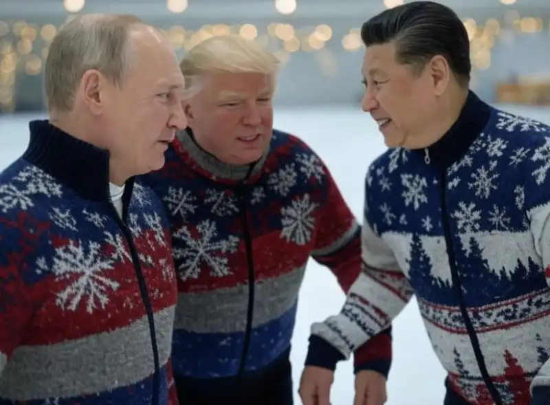 VLADIMIR PUTIN, DONALD TRUMP E XI JINPING PATTINANO SUL GHIACCIO - IMMAGINE CREATA CON L INTELLIGENZA ARTIFICIALE DI GROK