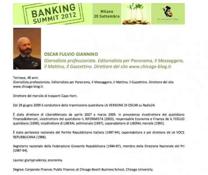 BANKING SUMMIT CURRICULUM DI OSCAR GIANNINO CON MASTER E LAUREE FINTE 