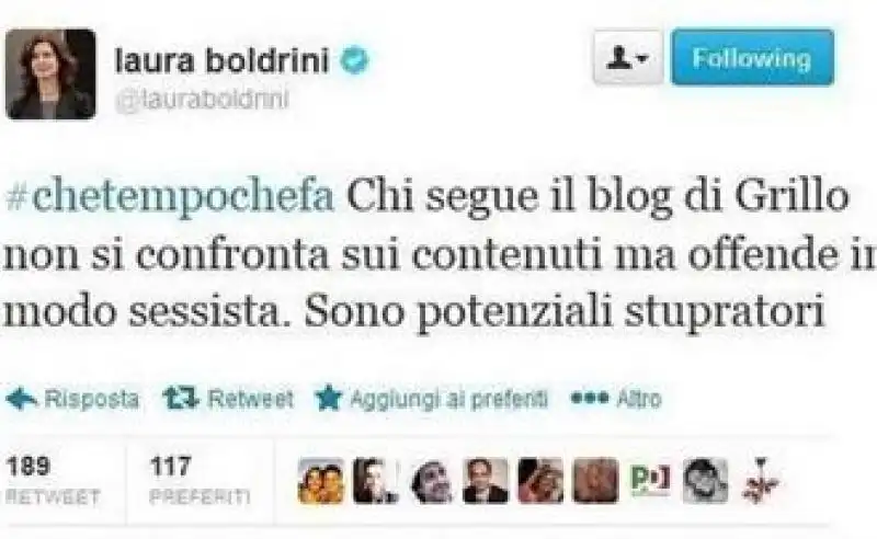 il tweet della boldrini sui grillini potenziali stupratori 