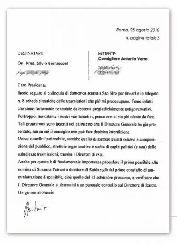 LETTERA DI ANTONIO VERRO A BERLUSCONI