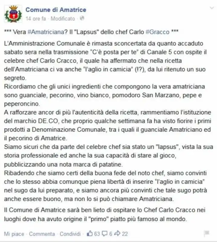 NOTA DEL COMUNE DI AMATRICE CONTRO CARLO CRACCO