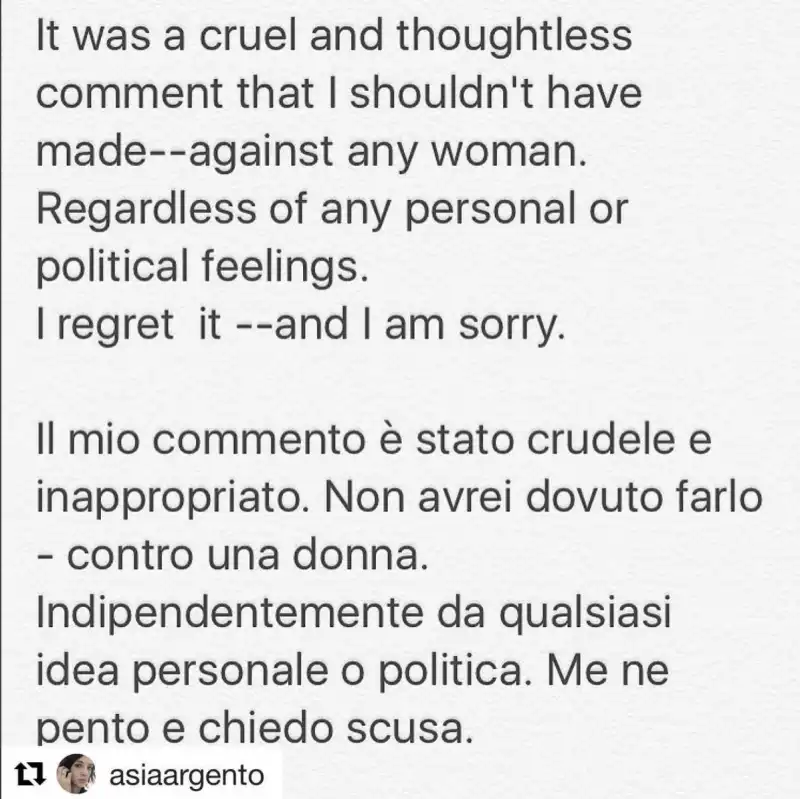 ASIA ARGENTO CHIEDE SCUSA ALLA MELONI