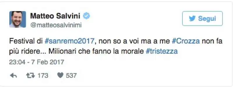 IL TWEET DI SALVINI CONTRO CROZZA