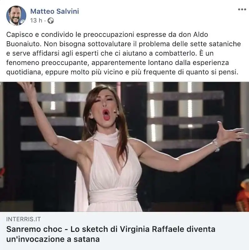 salvini commenta l'articolo di interris su virginia raffaele e satana