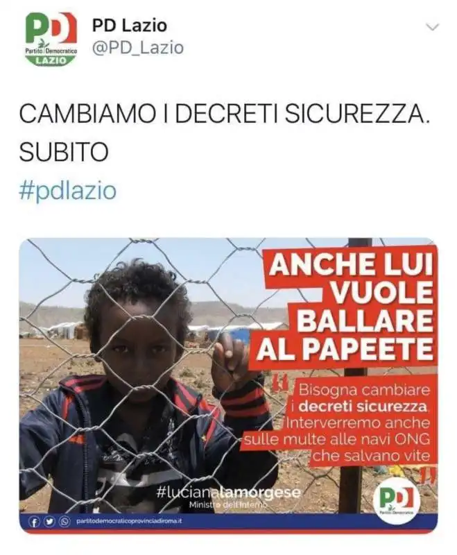 IL TWEET DEL PD LAZIO CON IL BAMBINO RIFUGIATO CHE VUOLE ANDARE AL PAPEETE