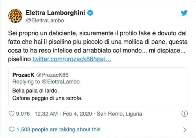 LA RISPOSTA DI ELETTRA LAMBORGHINI A UN HATER