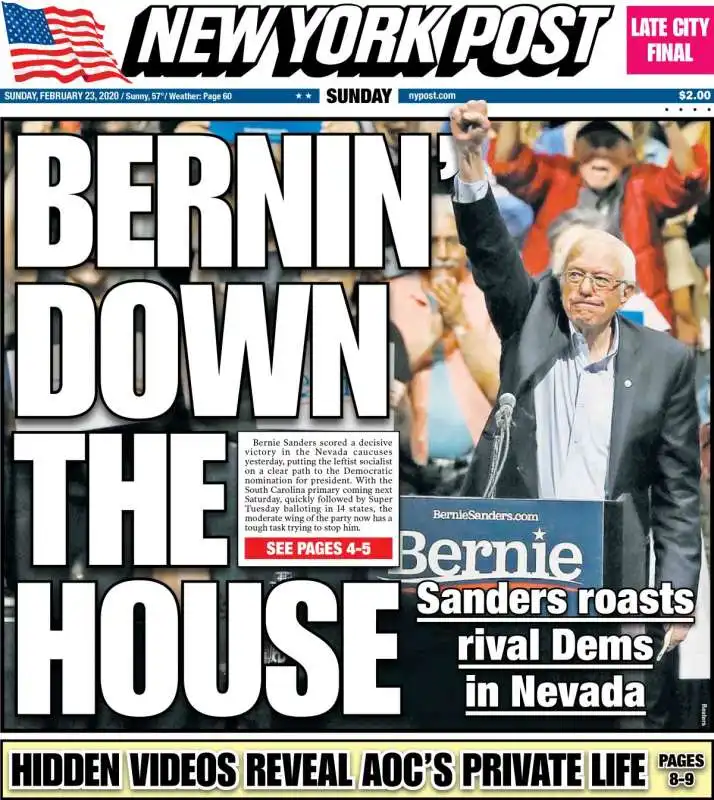 PRIMA PAGINA DEL NEW YORK POST DOPO LA VITTORIA DI SANDERS IN NEVADA