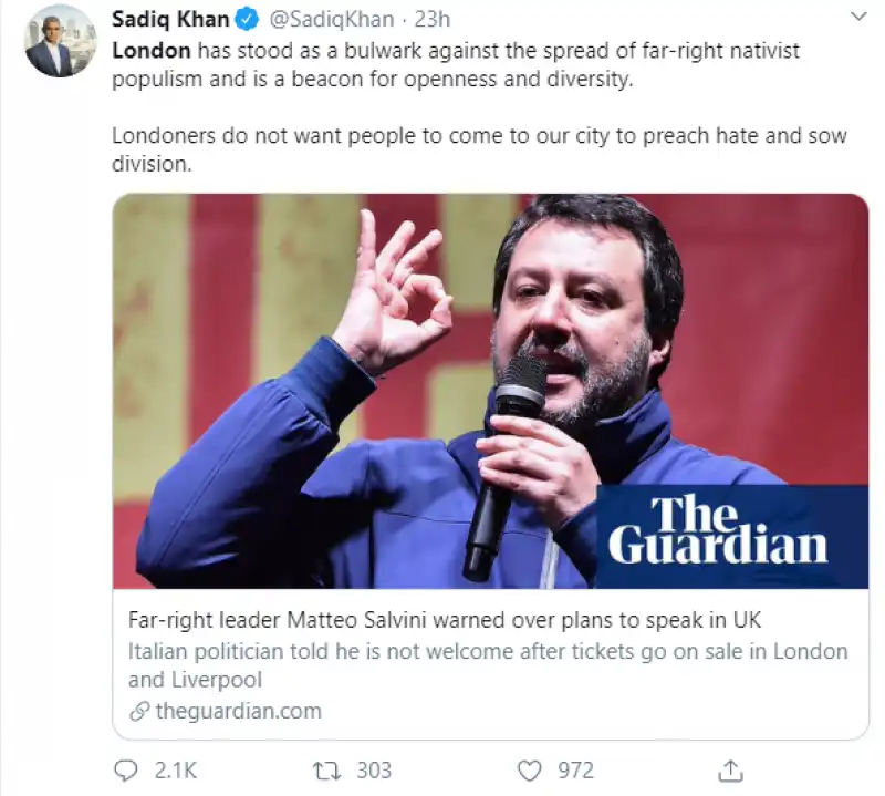 sadiq khan contro salvini