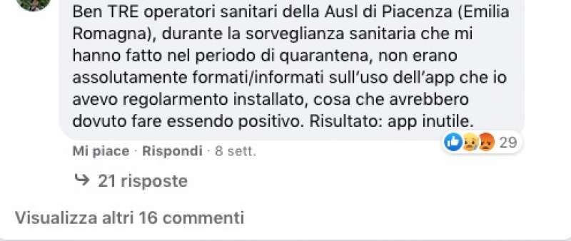 commenti sulla pagina facebook di immuni