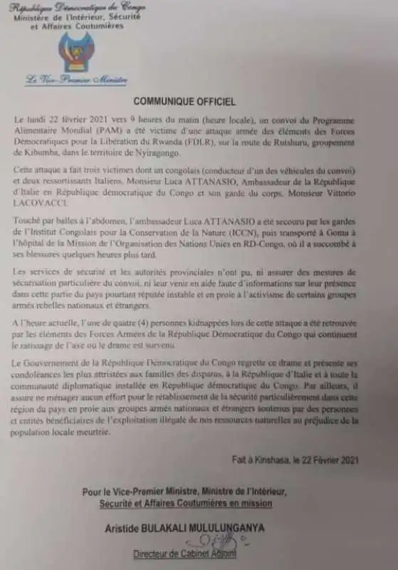 comunicato ufficiale congo sulla morte di Luca attanasio 