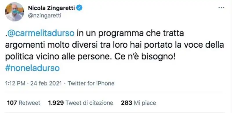 IL TWEET DI NICOLA ZINGARETTI A DIFESA DI BARBARA DURSO