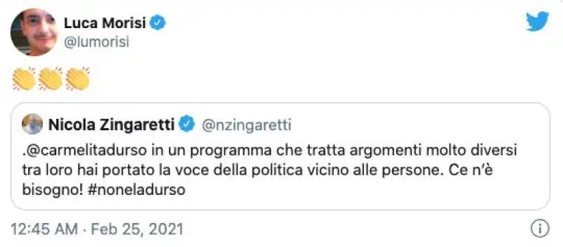 LUCA MORIS APPLAUDE AL TWEET DI NICOLA ZINGARETTI SU BARBARA D'URSO