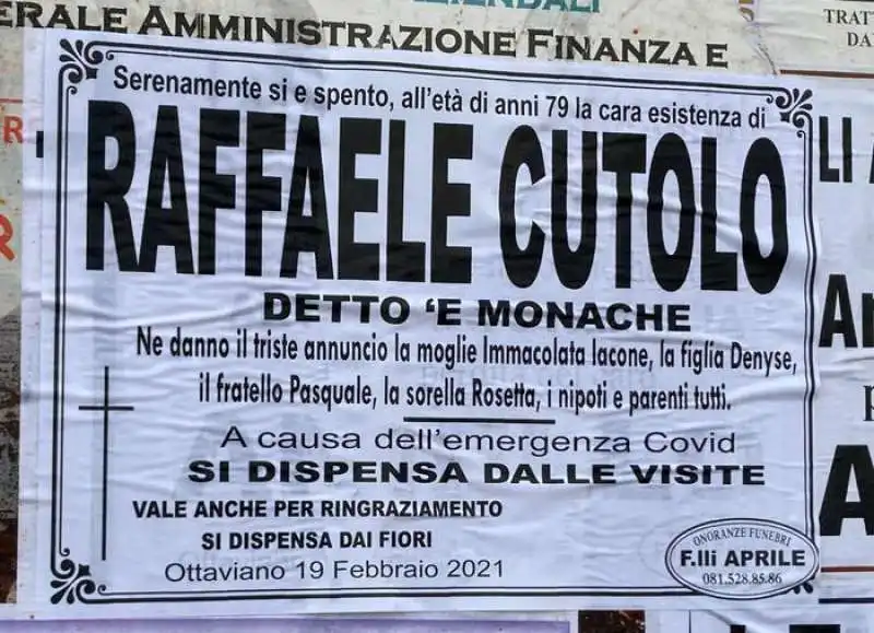 MANIFESTO FUNEBRE DI RAFFAELE CUTOLO