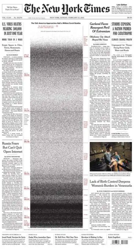 PRIMA PAGINA NEW YORK TIMES - 500MILA MORTI CORONAVIRUS NEGLI USA