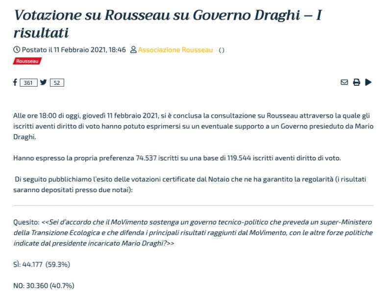 ROUSSEAU - VOTAZIONE SUL GOVERNO DRAGHI