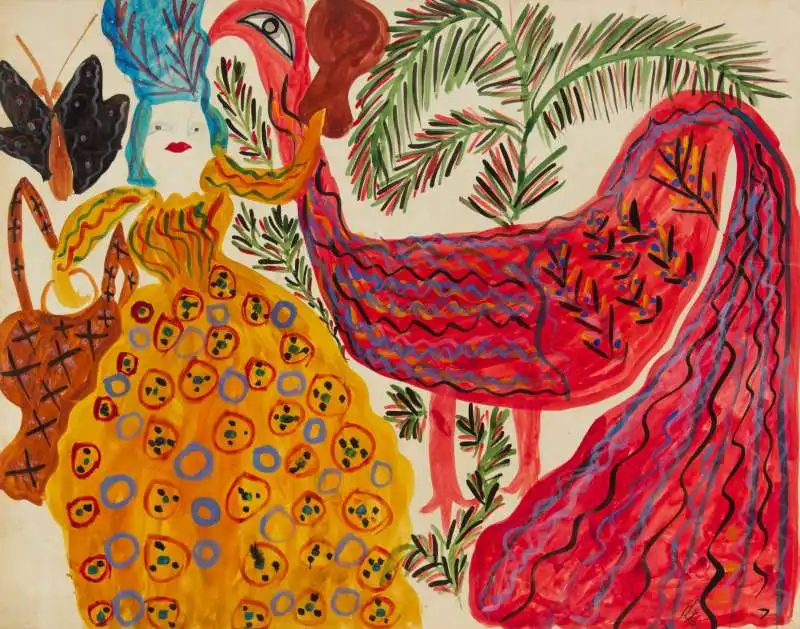 baya mahieddine femme au panier et coq rouge 1947. collection adrien maeght saint paul. ?? photo galerie maeght paris