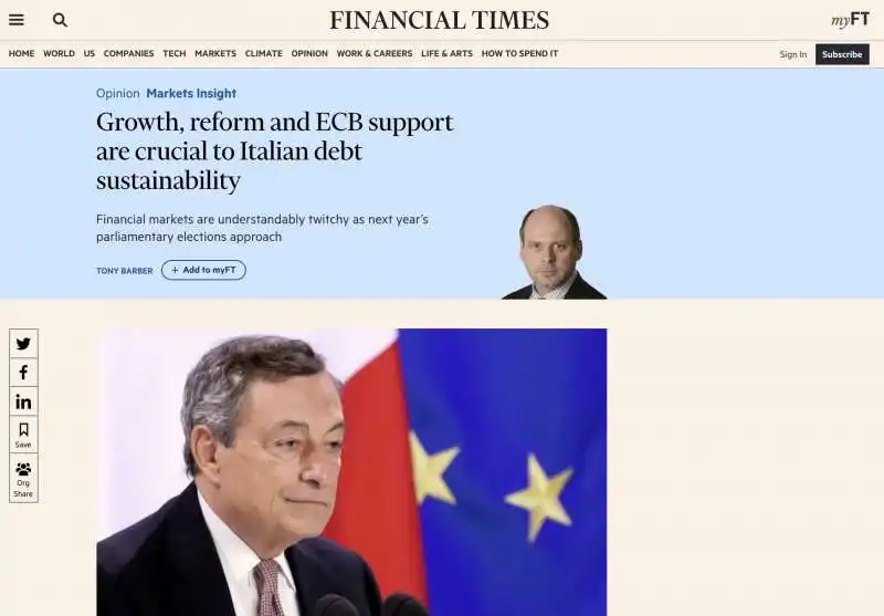 ARTICOLO DEL FINANCIAL TIMES SU MARIO DRAGHI E IL DEBITO PUBBLICO ITALIANO