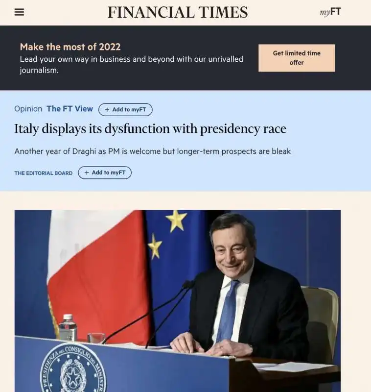 ARTICOLO DEL FINANCIAL TIMES SUL GOVERNO DRAGHI DOPO IL BIS DI MATTARELLA - 1 FEBBRAIO 2022