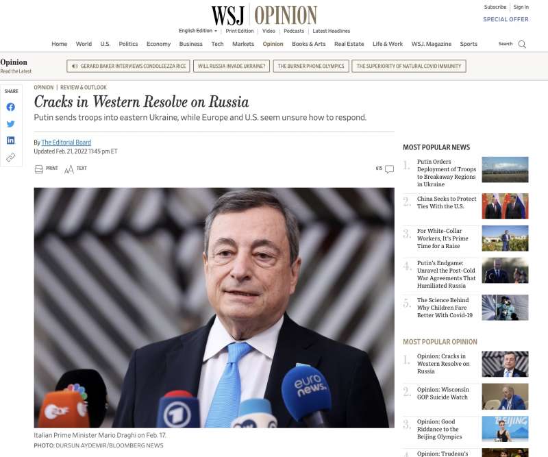 EDITORIALE WALL STREET JOURNAL - POSIZIONE ITALIANA SULLE SANZIONI ALLA RUSSIA