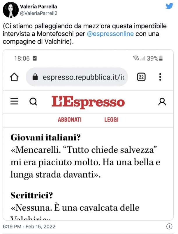 il tweet di valeria parrella contro giorgio montefoschi