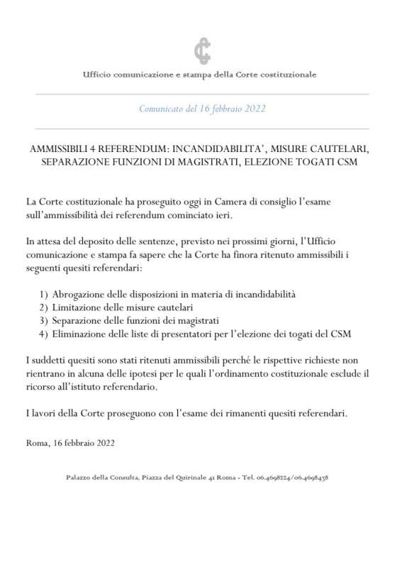 LA CORTE COSTITUZIONALE GIUDICA AMMISSIBILI I QUESITI DEL REFERENDUM SULLA GIUSTIZIA