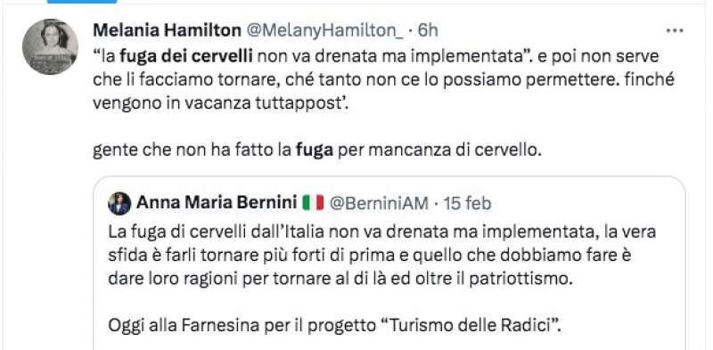 commento al tweet di anna maria bernini sui cervelli in fuga