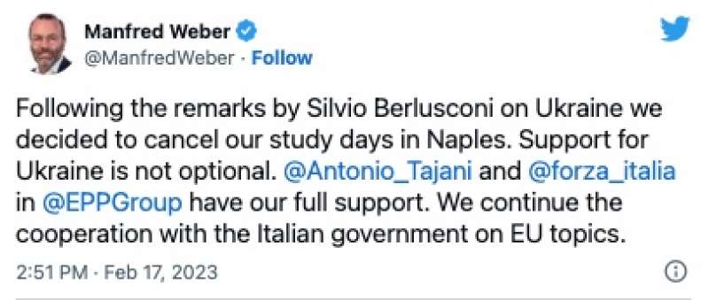 IL TWEET DI MANFRED WEBER CONTRO SILVIO BERLUSCONI