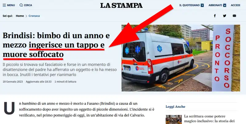 La Stampa, il tappo non e stato ingerito