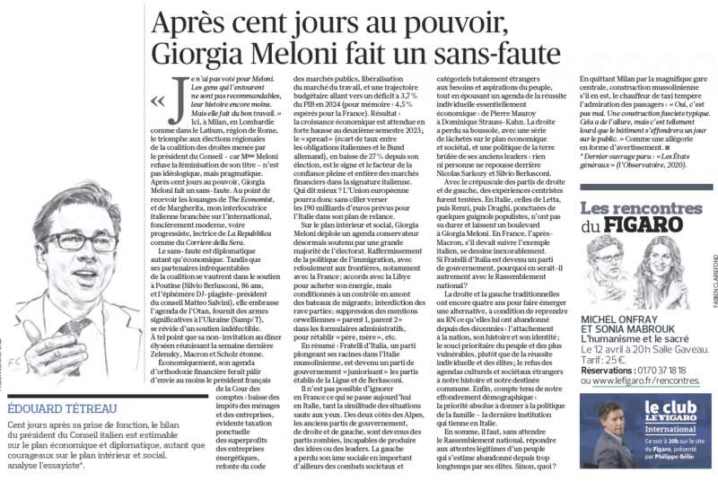 LE FIGARO E I CENTO GIORNI DI GIORGIA MELONI