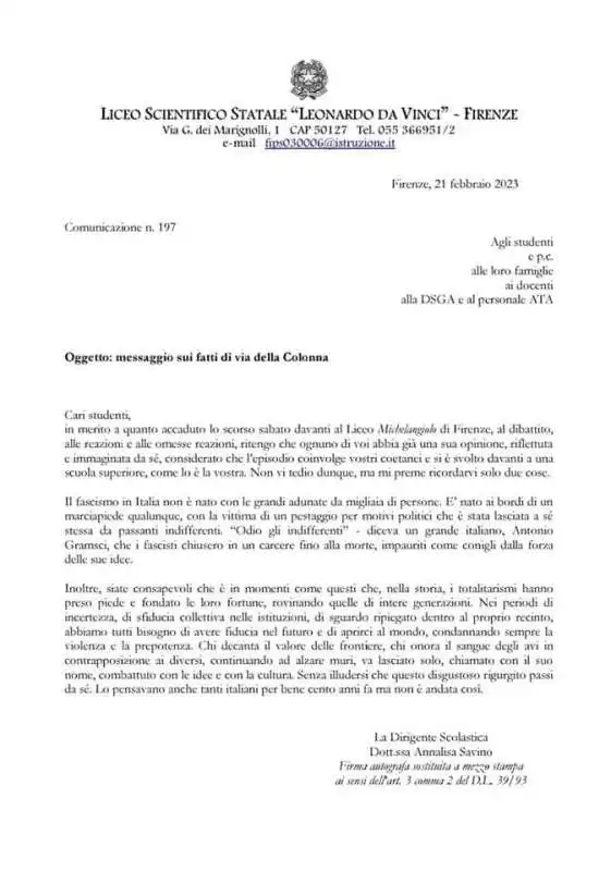 LETTERA PER GLI STUDENTI DELLA PRESIDE Annalisa Savino