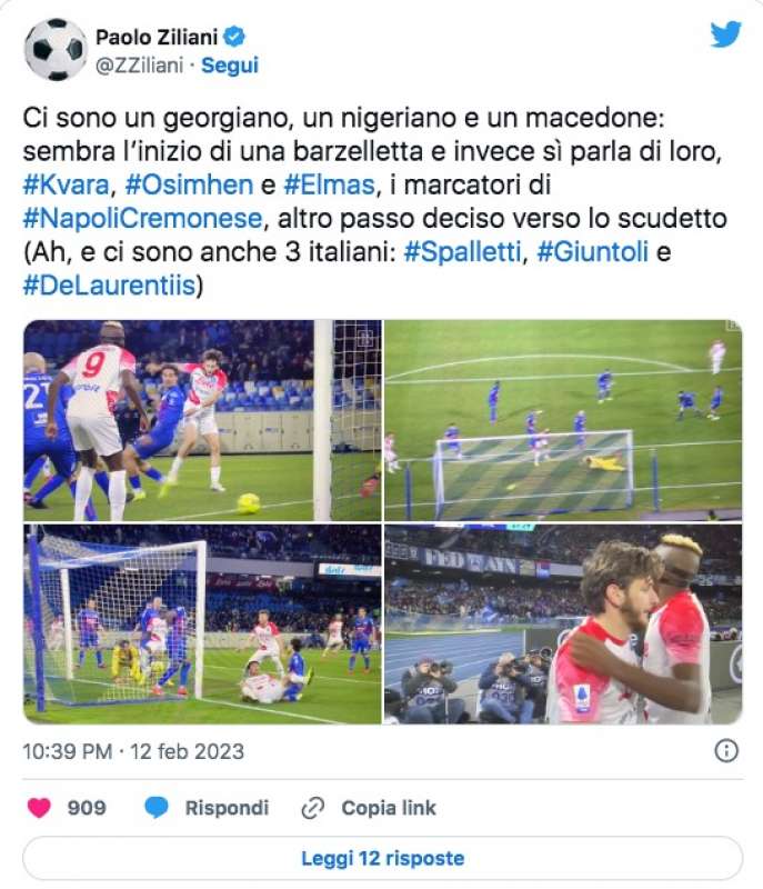 tweet di paolo ziliani su napoli cremonese 3-0